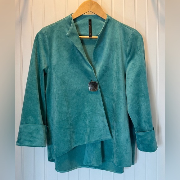 IC by Connie K | Teal Blue Faux Suede Asymmetrical Hem one button Jacket | Sz M - Picture 1 of 6